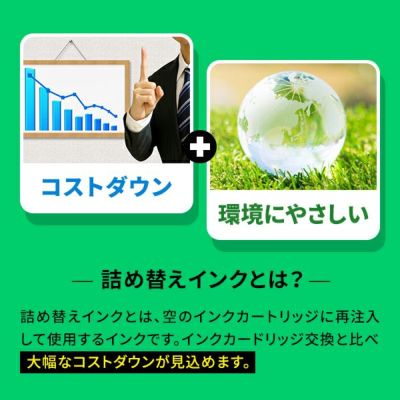 詰め替えインクは空のインクカートリッジに再注入して使用するインクです。インクカートリッジ交換と比べて大幅なコストダウンが見込めます。