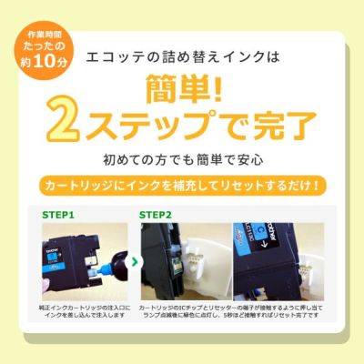 詰め替えインクは簡単！カートリッジにインクを補充するだけの2ステップで完了します。