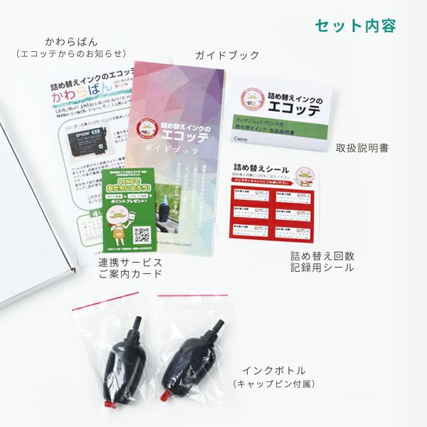 セット内容はインクボトルのほかに取扱説明書やエコッテからのお知らせといった同梱物が入っています。
